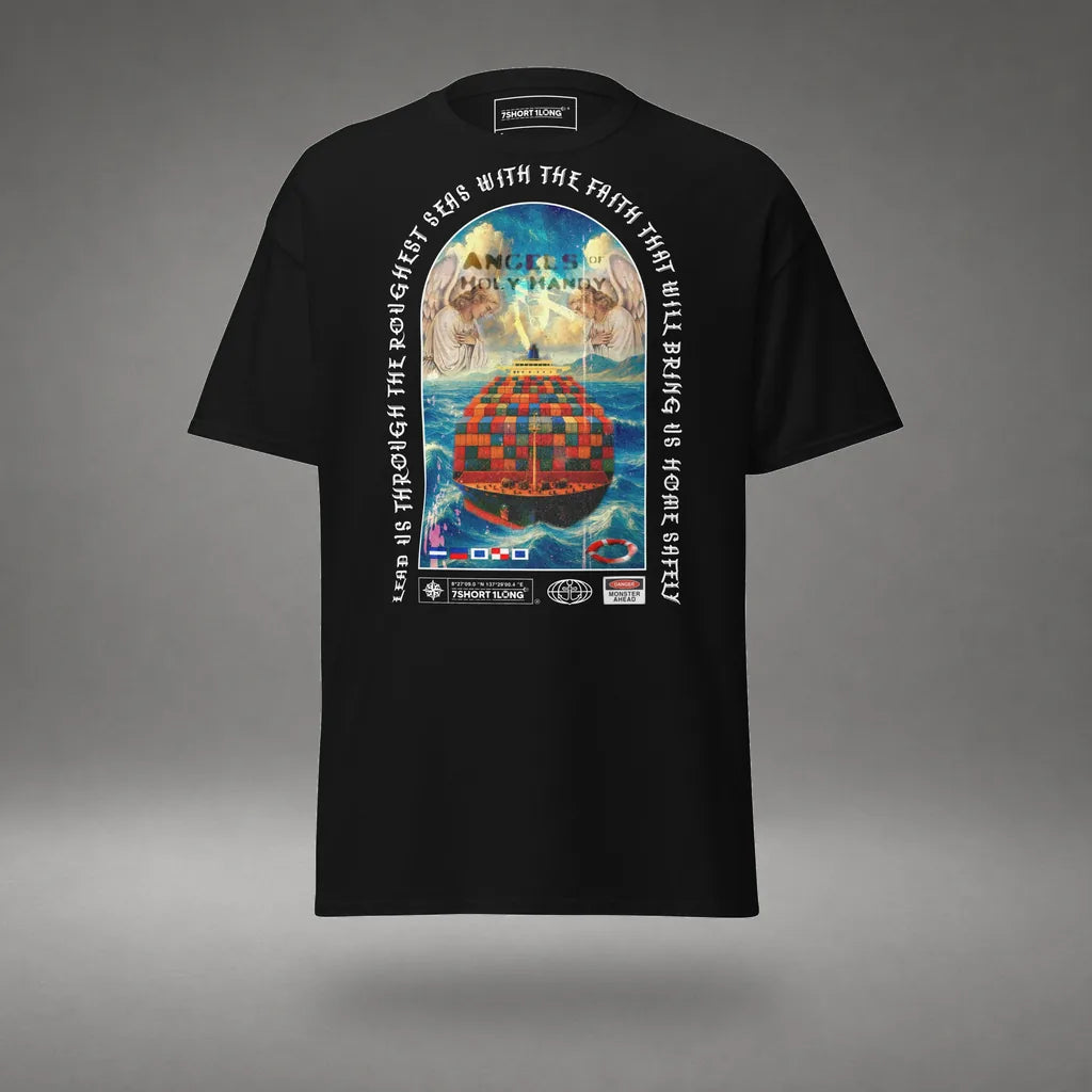 Guardian Angel Container Ship T-Shirt in Black, front view, floating over a gray studio floor.