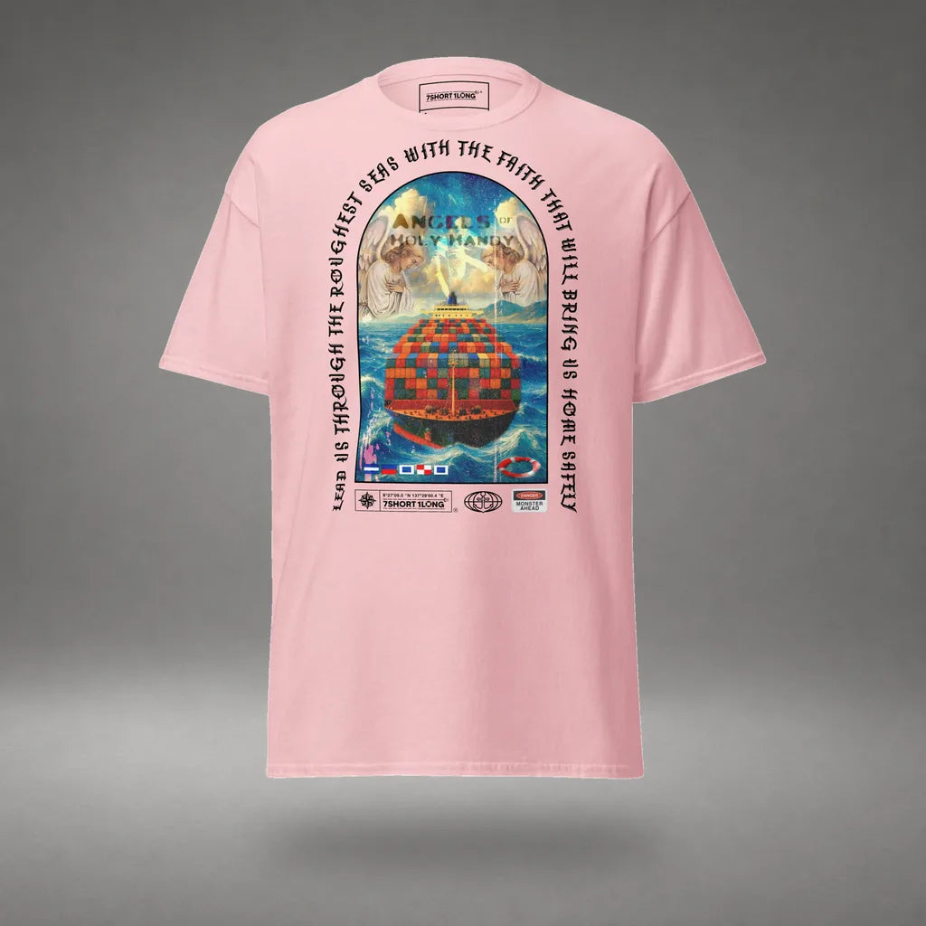 Guardian Angel Container Ship T-Shirt in Light Pink, front view, floating over a gray studio floor.