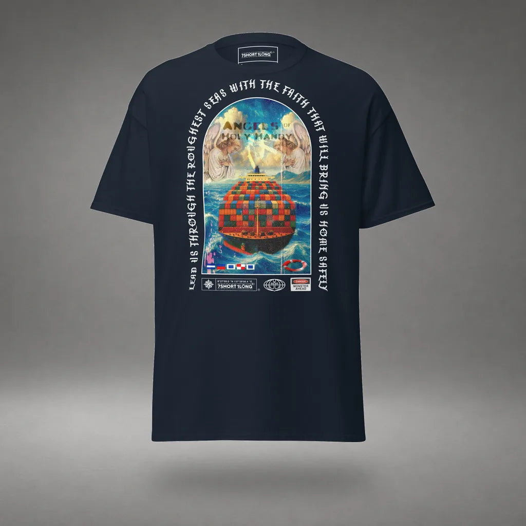 Guardian Angel Container Ship T-Shirt in Navy, front view, floating over a gray studio floor.