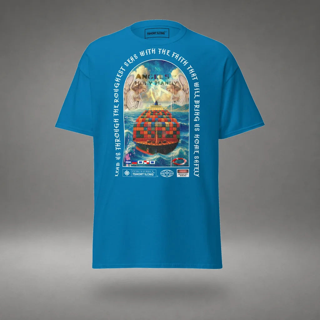 Guardian Angel Container Ship T-Shirt in Sapphire, front view, floating over a gray studio floor.