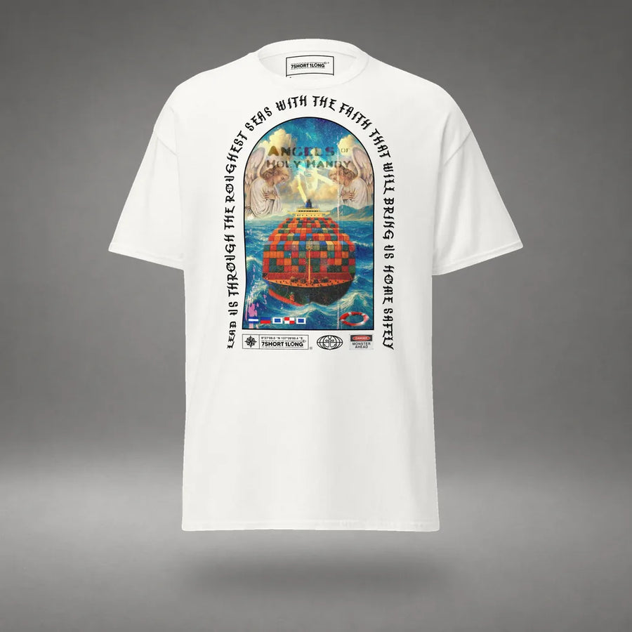 Guardian Angel Container Ship T-Shirt in White, featured product view, floating over a gray studio floor.