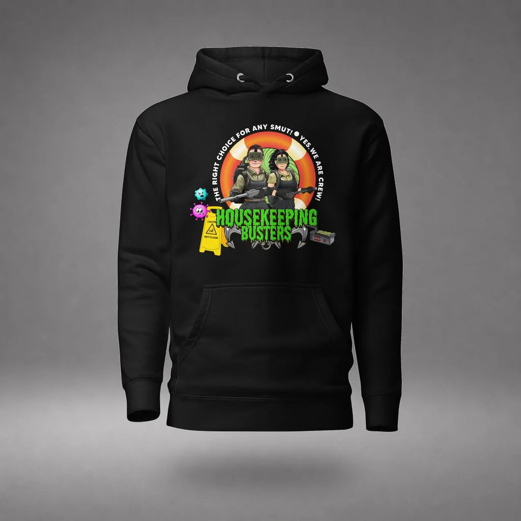 Housekeeping Department Buster Hoodie in Black, front view, floating over a gray studio floor.