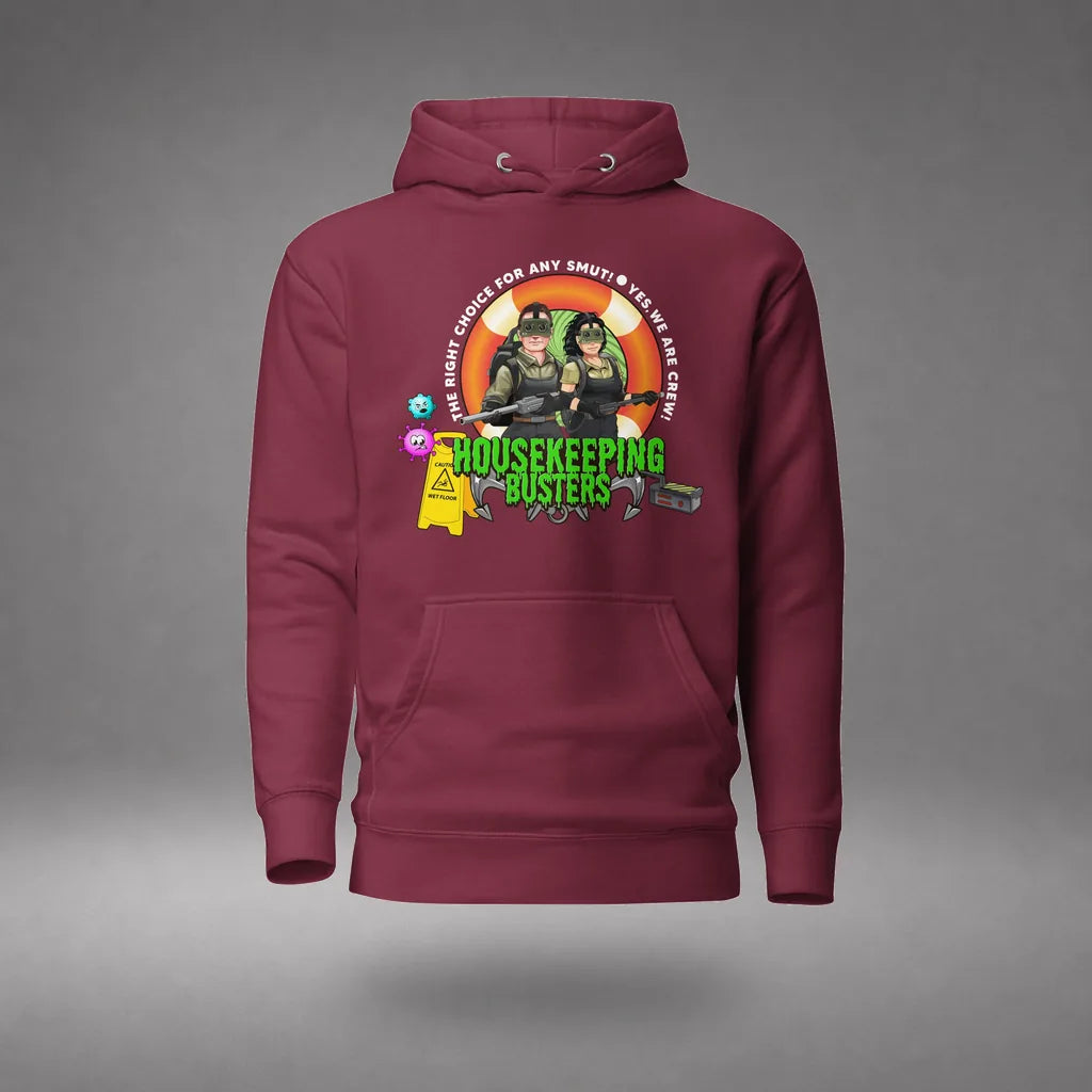 Housekeeping Department Buster Hoodie in Maroon, front view, floating over a gray studio floor.