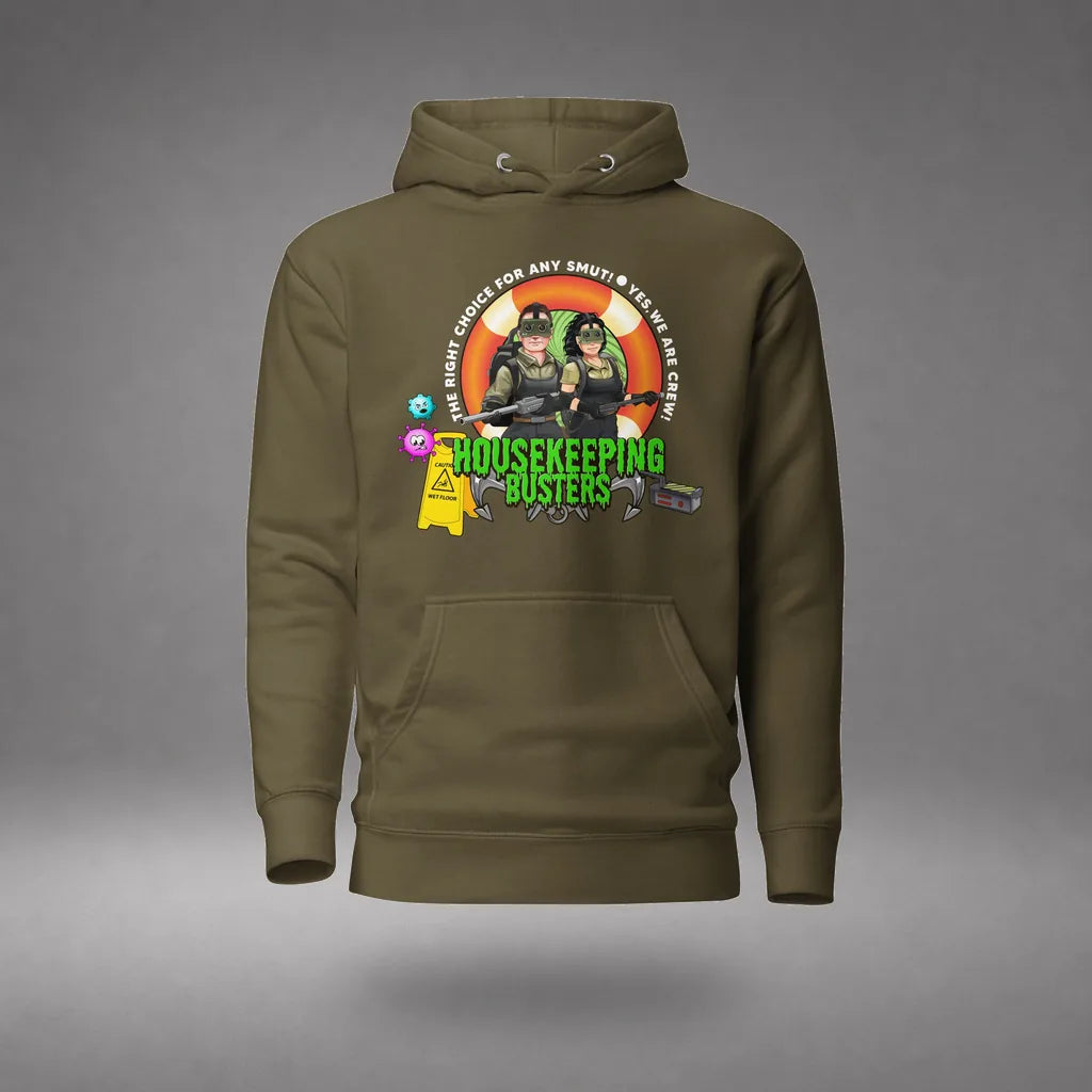 Housekeeping Department Buster Hoodie in Military Green, front view, floating over a gray studio floor.