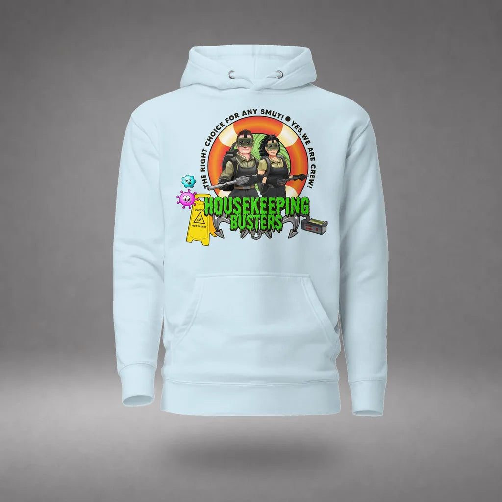 Housekeeping Department Buster Hoodie in Sky Blue, front view, floating over a gray studio floor.