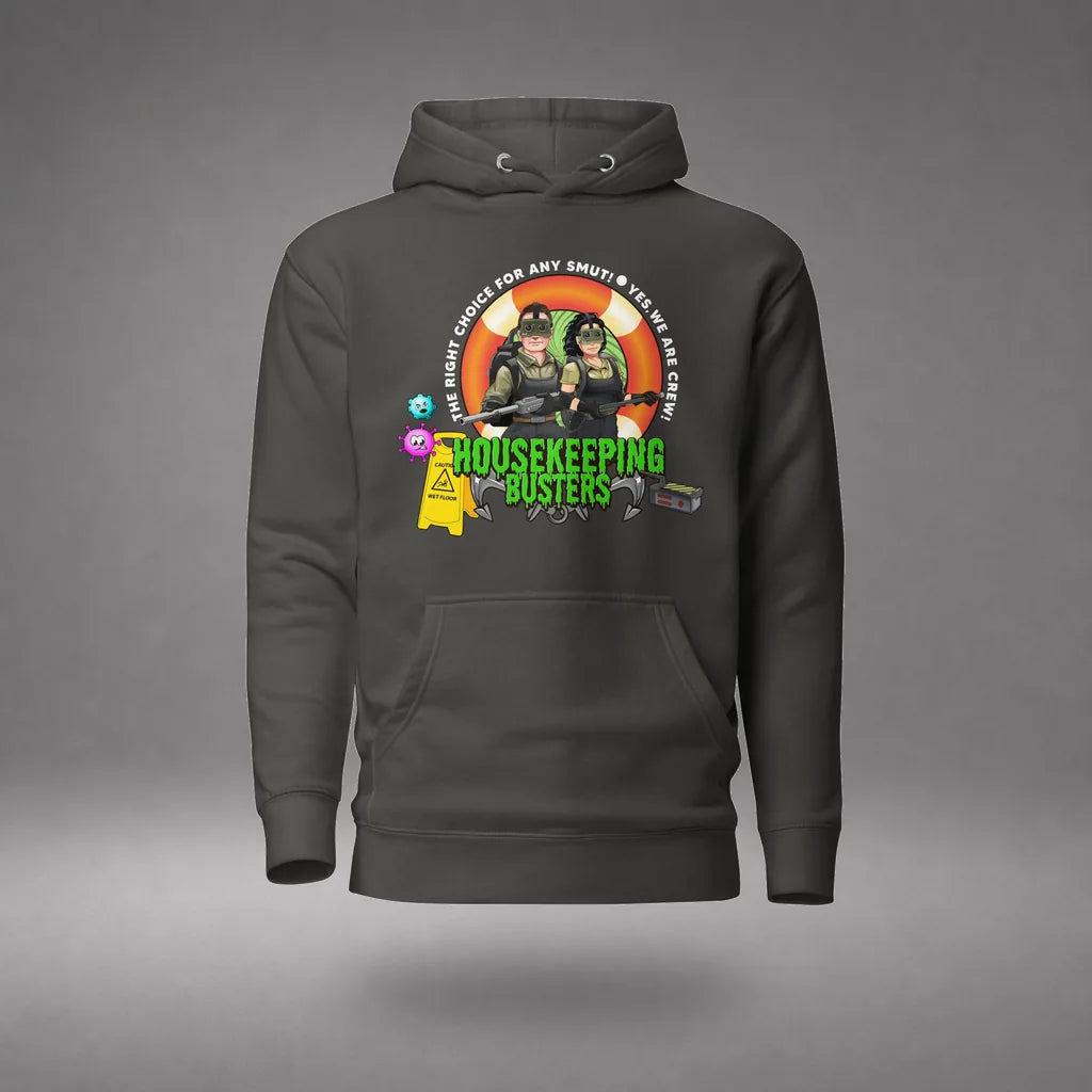 Housekeeping Department Buster Hoodie in Vintage Black, front view, floating over a gray studio floor.