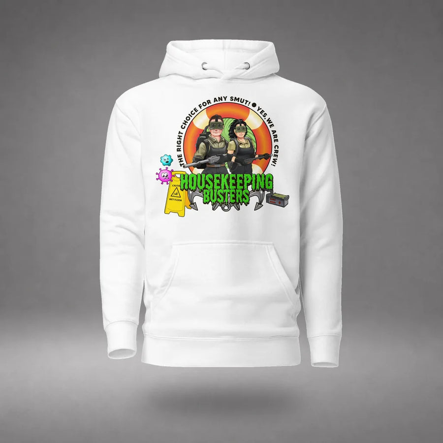 Housekeeping Department Buster Hoodie in White, front view, floating over a gray studio floor.