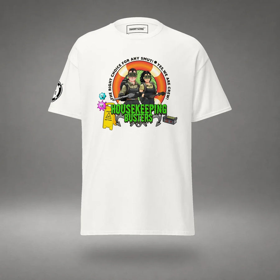 Housekeeping Department T-Shirt in White, front view, floating over a gray studio floor.