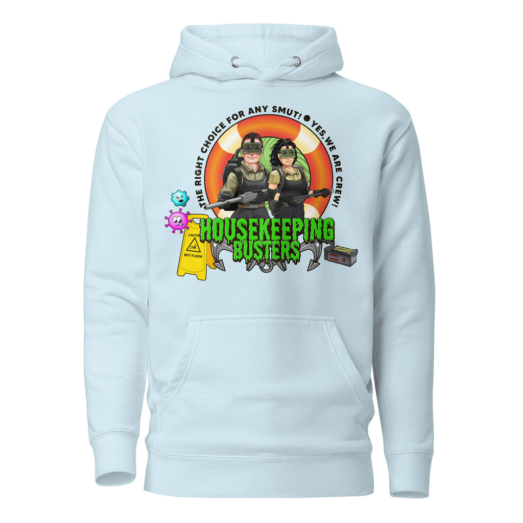 7SHORT1LONG® Housekeeping Department Buster Hoodie with logo, featuring a casual fit and front pocket, worn by a person.