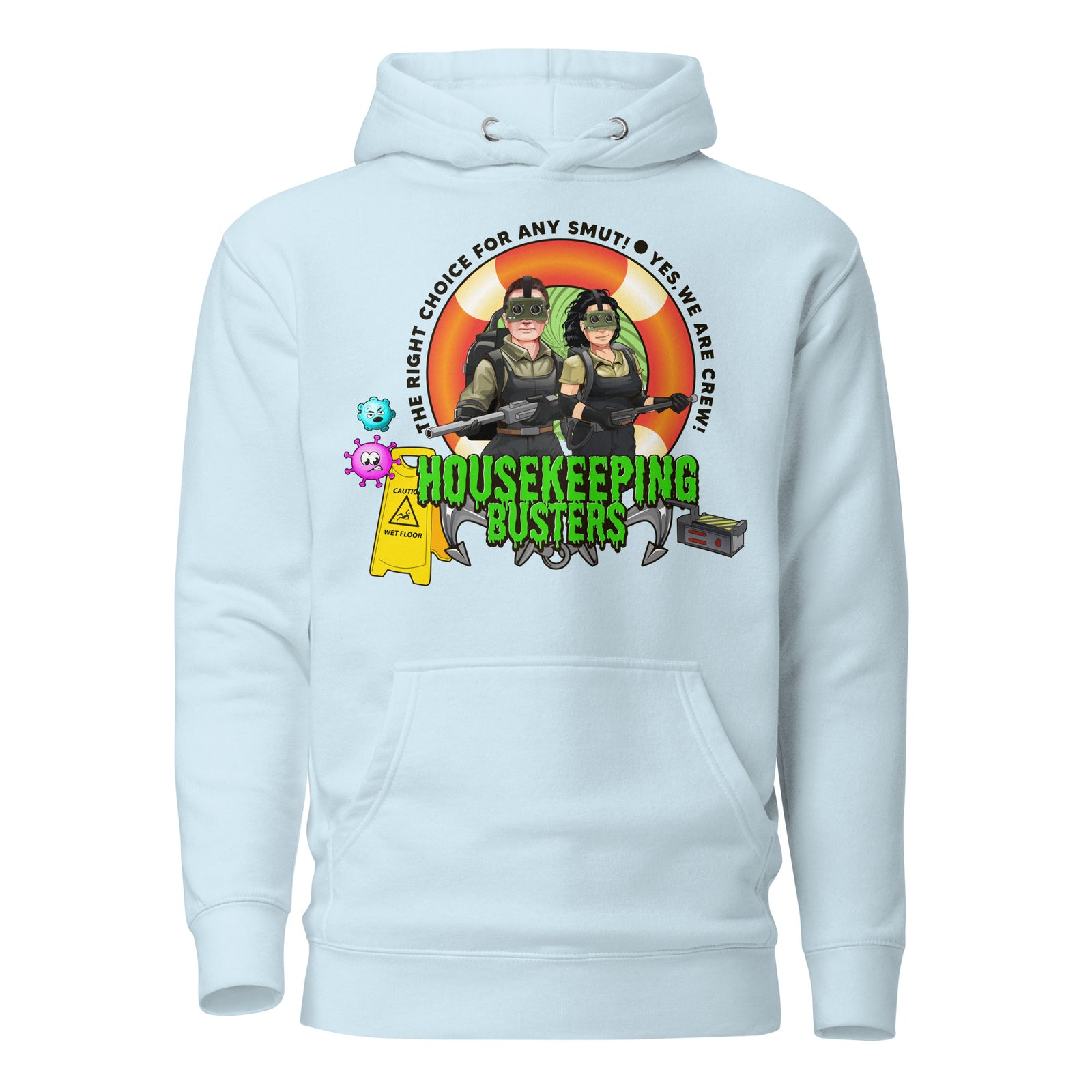 7SHORT1LONG® Housekeeping Department Buster Hoodie with logo, featuring a casual fit and front pocket, worn by a person.