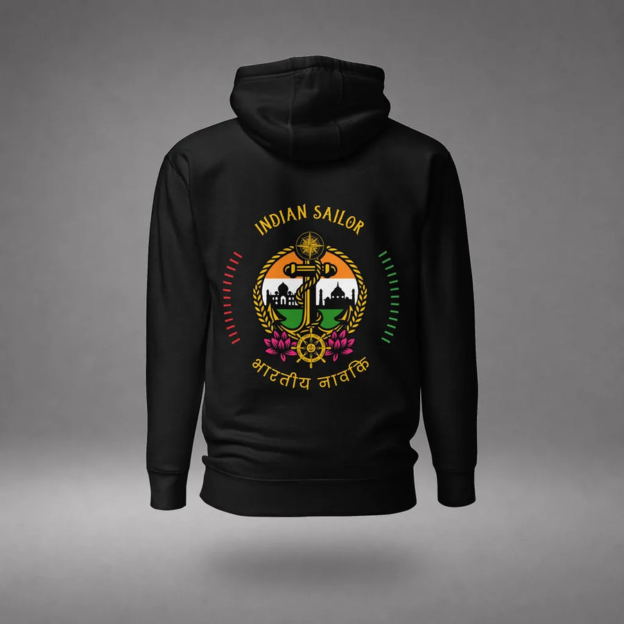 Indian Sailor Hoodie in Black, design detail view, floating over a gray studio floor.