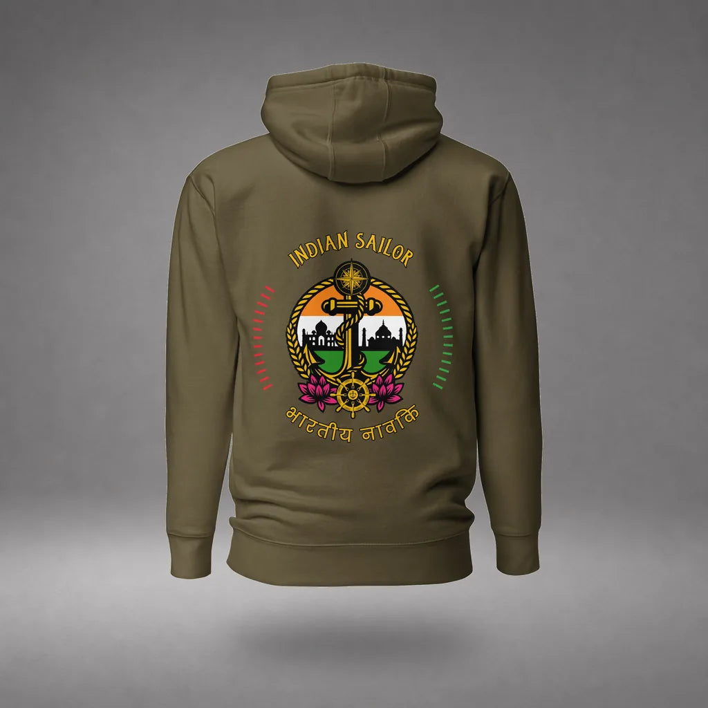 Indian Sailor Hoodie in Military Green, back view, floating over a gray studio floor.