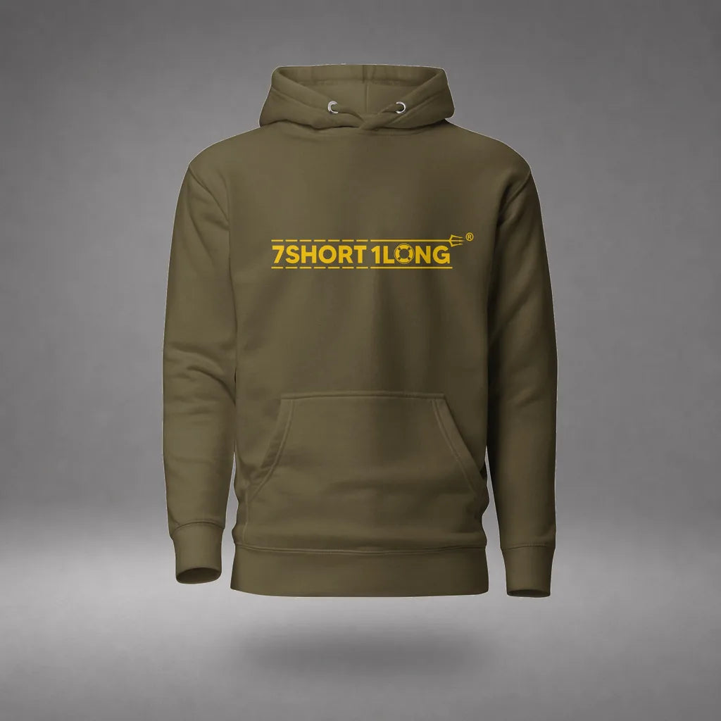Indian Sailor Hoodie in Military Green, front view, floating over a gray studio floor.
