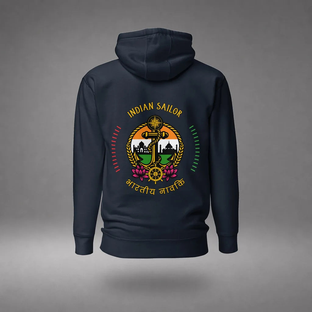 Indian Sailor Hoodie in Navy Blazer, front view, floating over a gray studio floor.