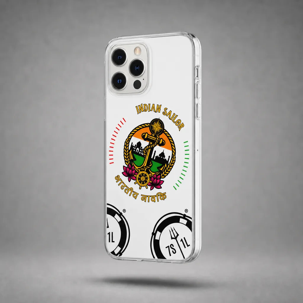 Clear Indian Sailor case for iPhone 12 Pro with maritime anchor artwork, floating above a grey studio floor with a soft shadow.