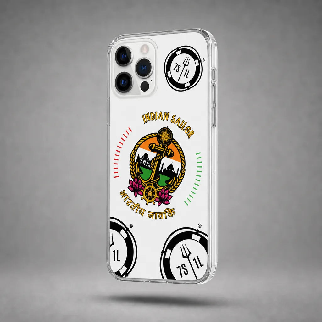 Clear Indian Sailor case for iPhone 12 Pro Max with maritime anchor artwork, floating above a grey studio floor with a soft shadow.