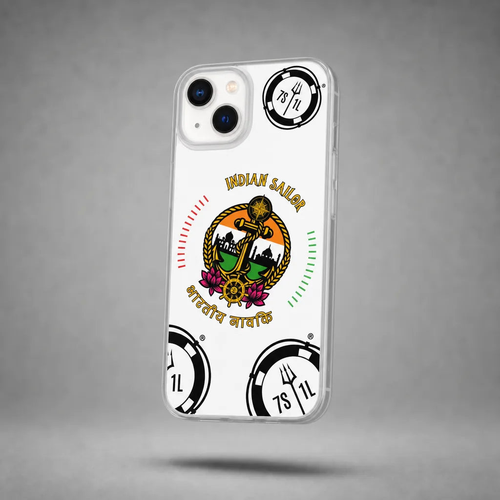Clear Indian Sailor case for iPhone 13 with maritime anchor artwork, floating above a grey studio floor with a soft shadow.