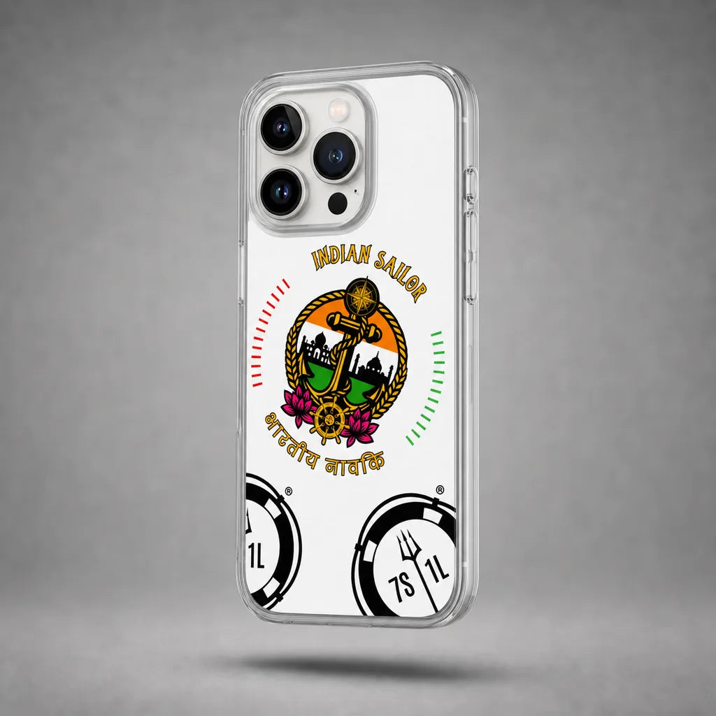 Clear Indian Sailor case for iPhone 13 Pro with maritime anchor artwork, floating above a grey studio floor with a soft shadow.