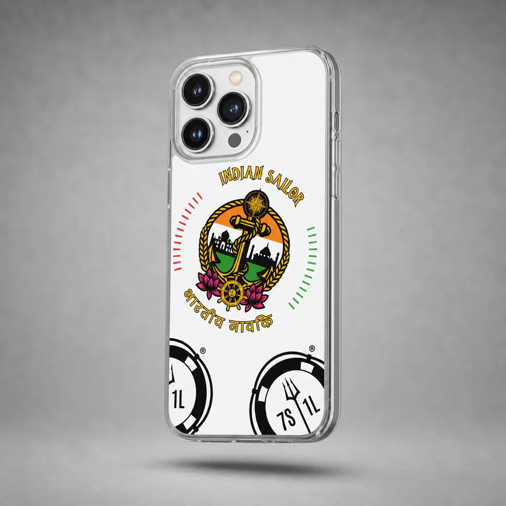 Clear Indian Sailor case for iPhone 13 Pro Max with maritime anchor artwork, floating above a grey studio floor with a soft shadow.