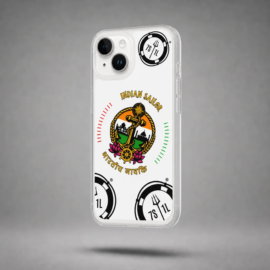 Clear Indian Sailor case for iPhone 14 with maritime anchor artwork, floating above a grey studio floor with a soft shadow.