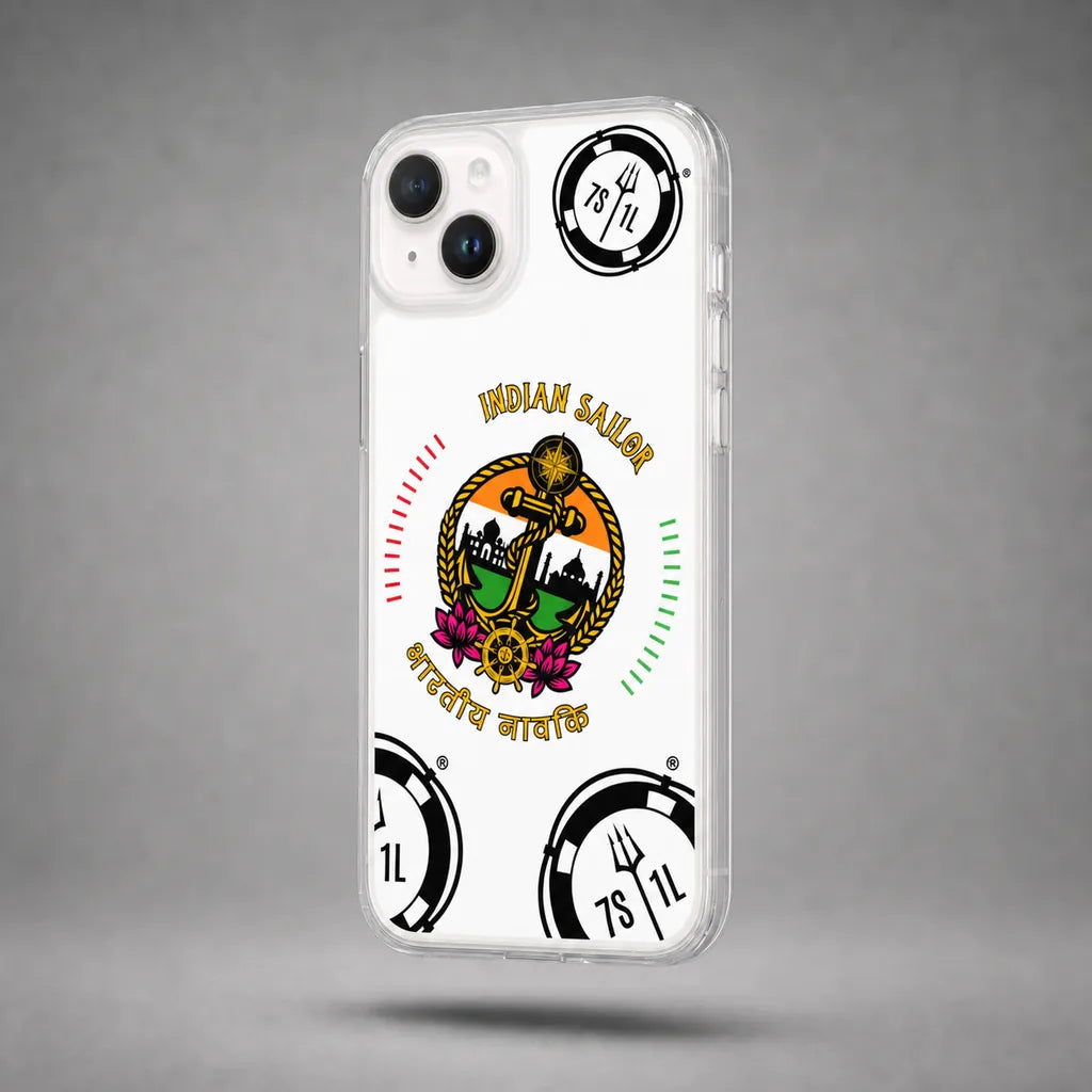 Clear Indian Sailor case for iPhone 14 Plus with maritime anchor artwork, floating above a grey studio floor with a soft shadow.