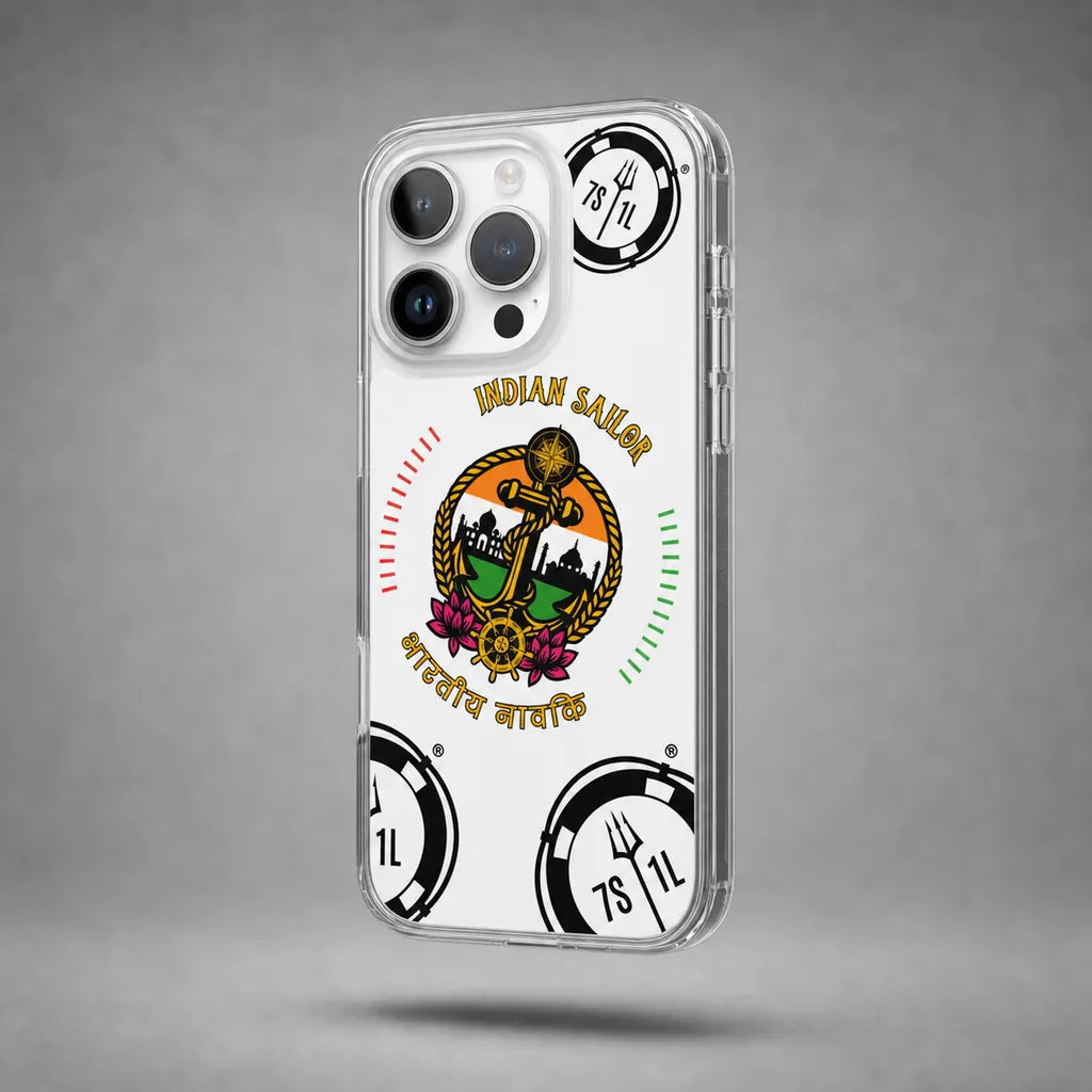 Clear Indian Sailor case for iPhone 14 Pro with maritime anchor artwork, floating above a grey studio floor with a soft shadow.