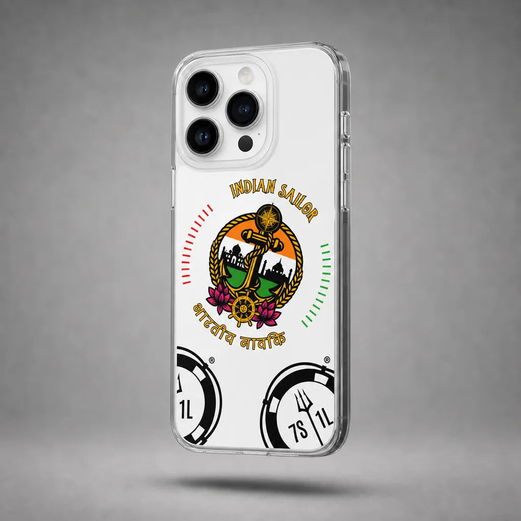 Clear Indian Sailor case for iPhone 14 Pro Max with maritime anchor artwork, floating above a grey studio floor with a soft shadow.