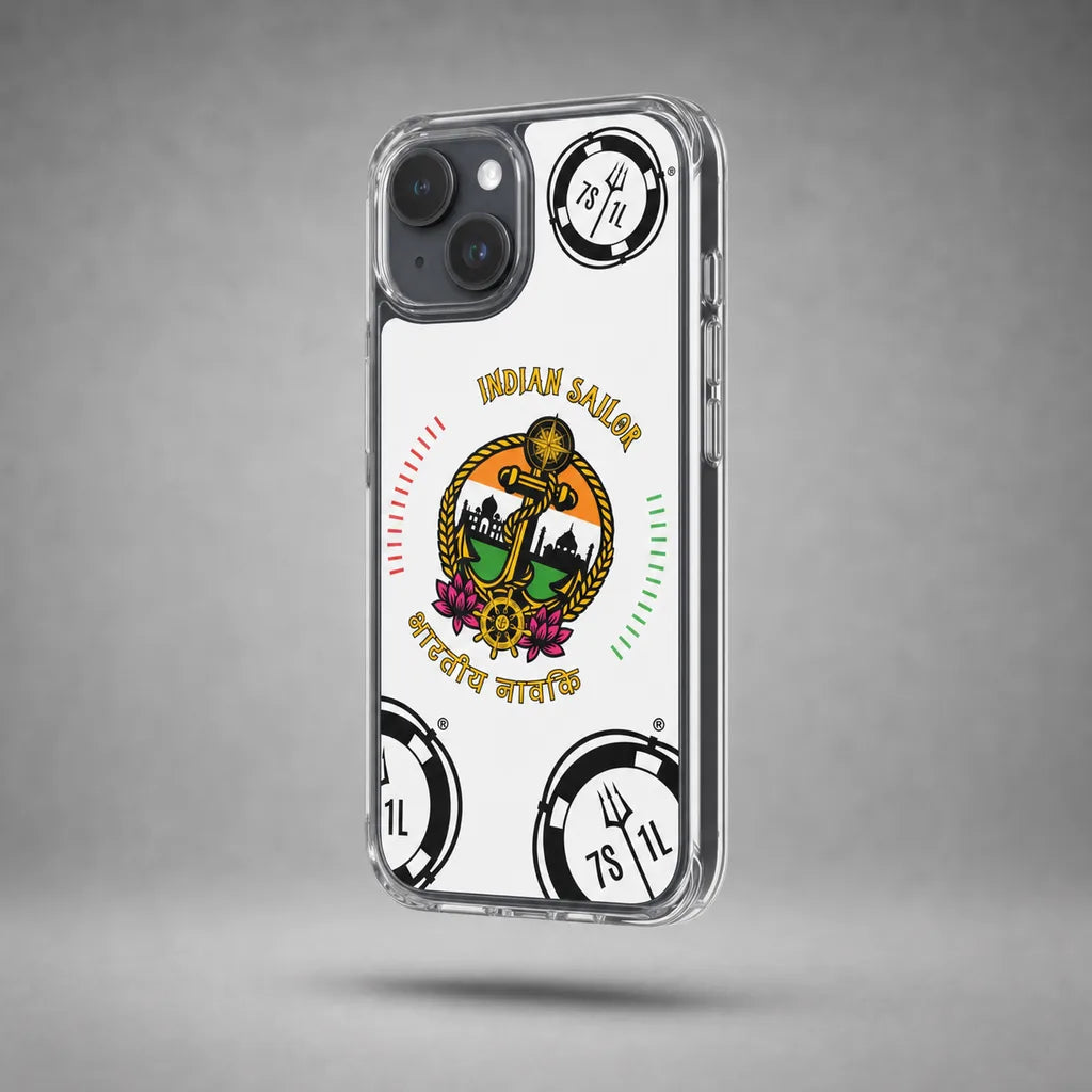 Clear Indian Sailor case for iPhone 15 with maritime anchor artwork, floating above a grey studio floor with a soft shadow.
