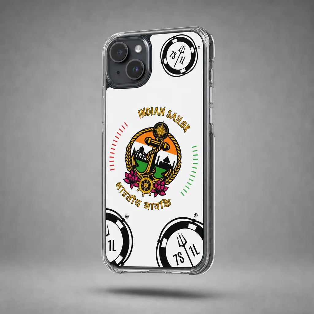 Clear Indian Sailor case for iPhone 15 Plus with maritime anchor artwork, floating above a grey studio floor with a soft shadow.