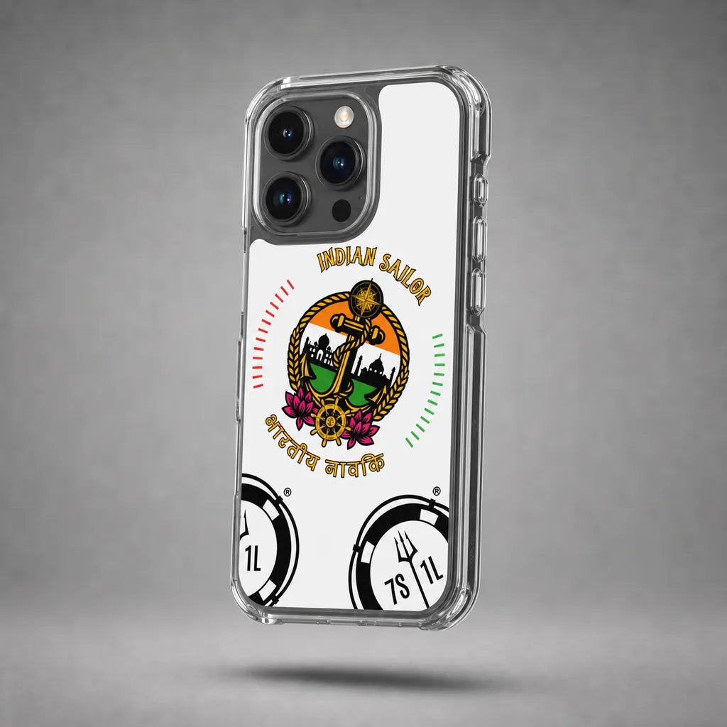 Clear Indian Sailor case for iPhone 15 Pro with maritime anchor artwork, floating above a grey studio floor with a soft shadow.