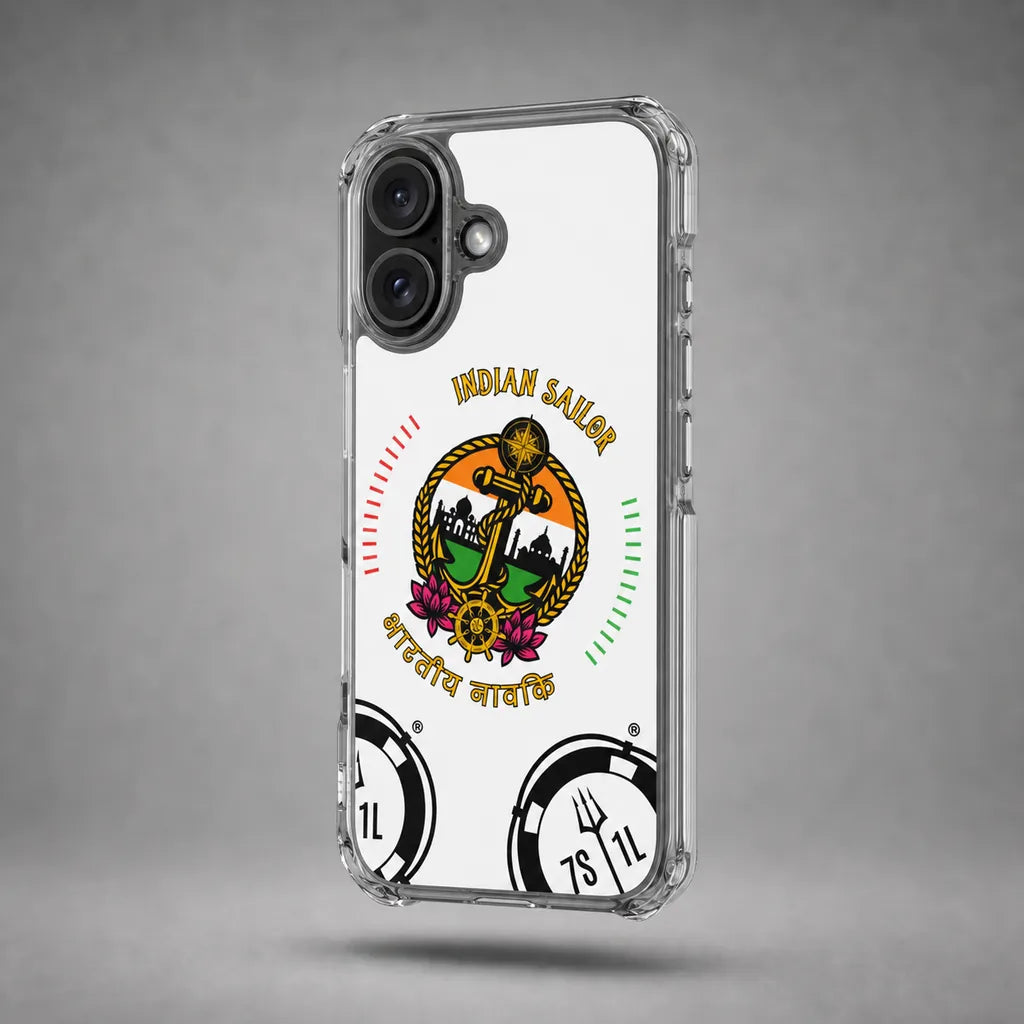 Clear Indian Sailor case for iPhone 16 with maritime anchor artwork, floating above a grey studio floor with a soft shadow.