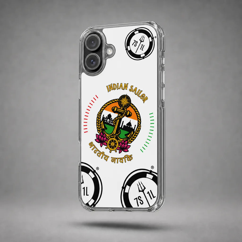 Clear Indian Sailor case for iPhone 16 Plus with maritime anchor artwork, floating above a grey studio floor with a soft shadow.