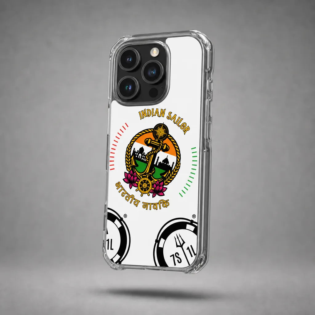 Clear Indian Sailor case for iPhone 16 Pro with maritime anchor artwork, floating above a grey studio floor with a soft shadow.
