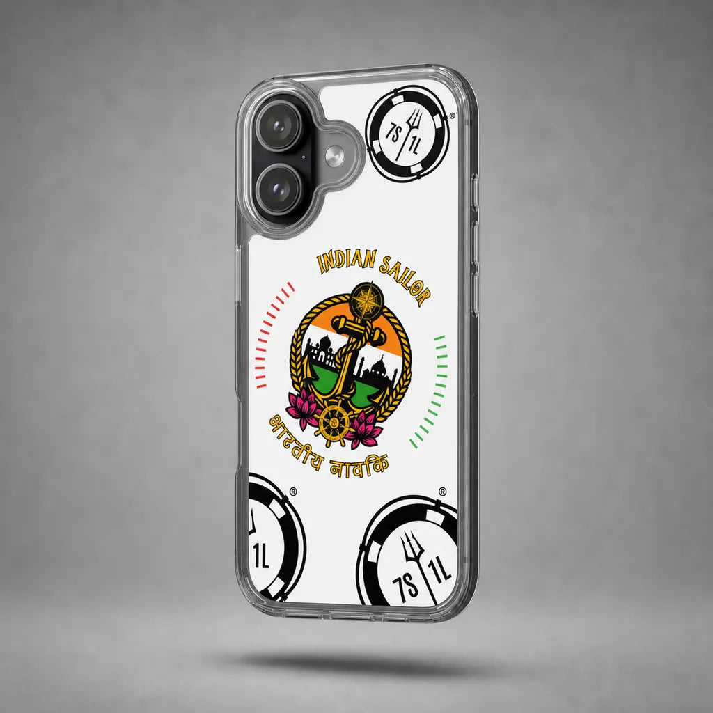 Clear Indian Sailor case for iPhone 17 with maritime anchor artwork, floating above a grey studio floor with a soft shadow.