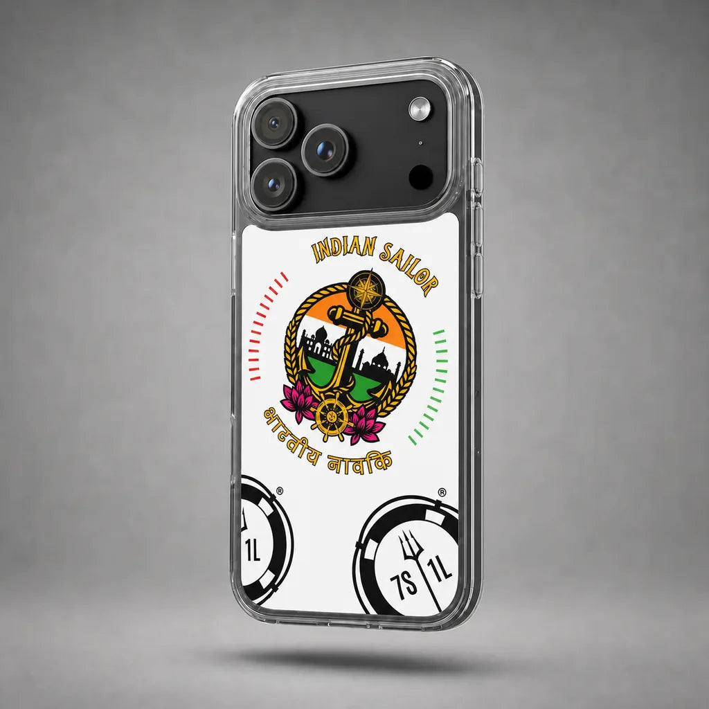 Clear Indian Sailor case for iPhone 17 Pro with maritime anchor artwork, floating above a grey studio floor with a soft shadow.