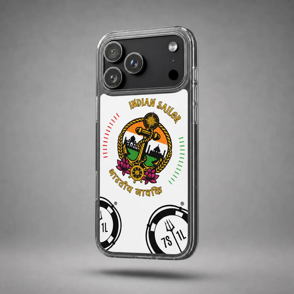 Clear Indian Sailor iPhone case with anchor artwork and Indian colors, floating above a grey studio floor with a soft shadow.