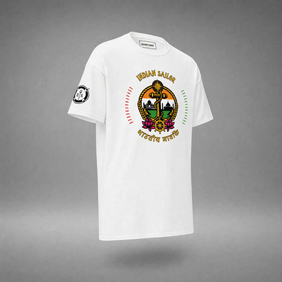 White Indian Sailor T-shirt turned slightly, showing the saffron, white and green anchor crest with lotus flowers and Devanagari lettering.