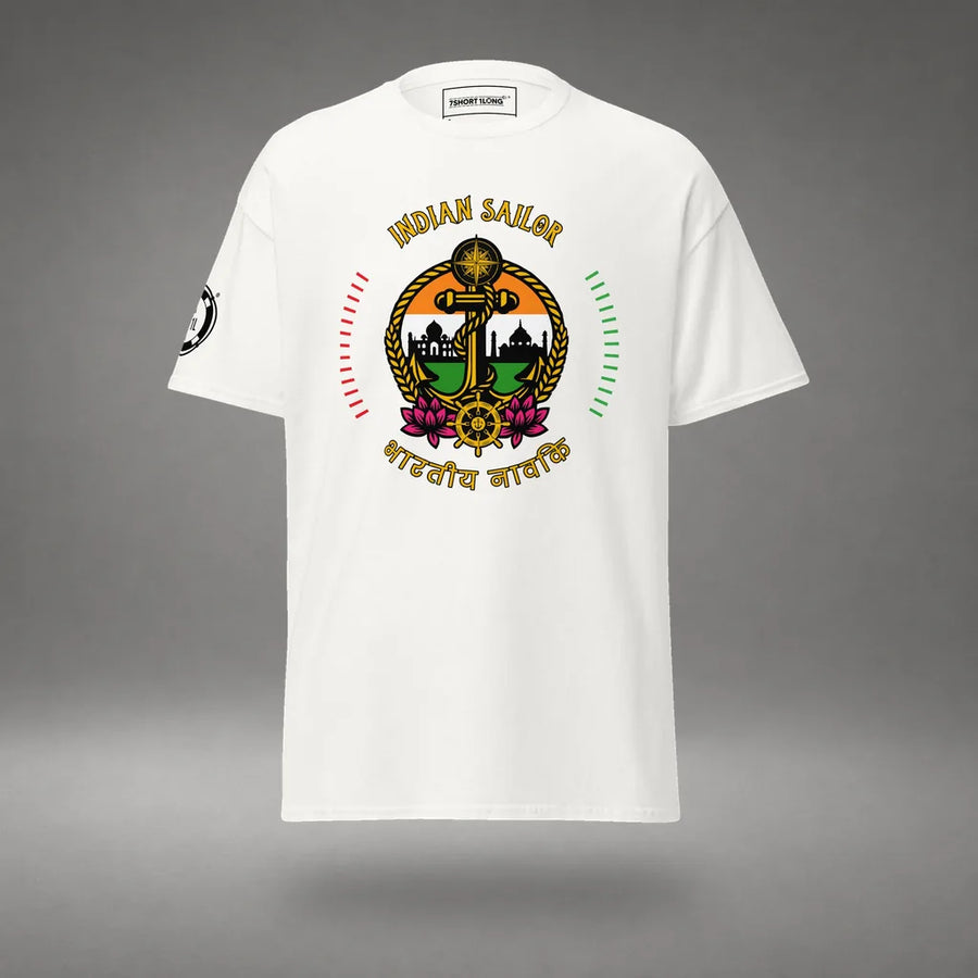Indian Sailor T-Shirt in White, featured product view, floating over a gray studio floor.