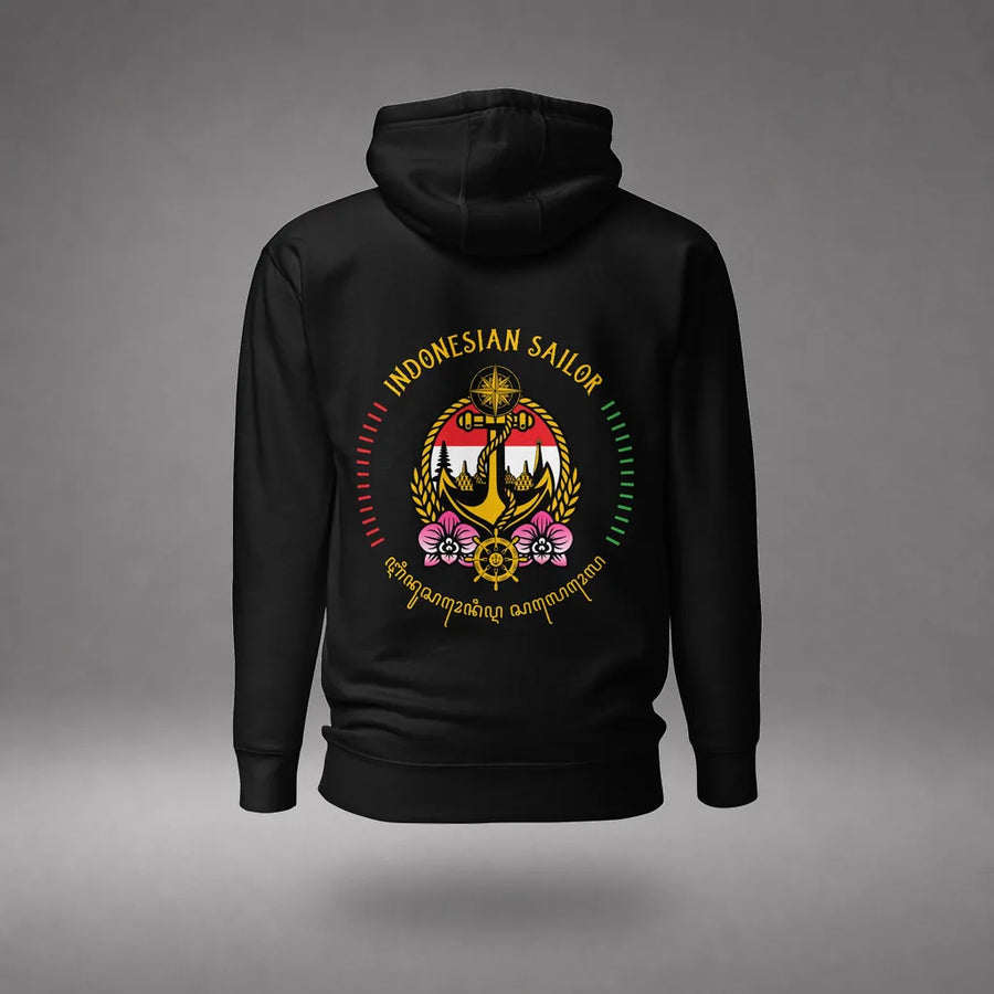 Indonesian Sailor Hoodie in Black, featured product view, floating over a gray studio floor.