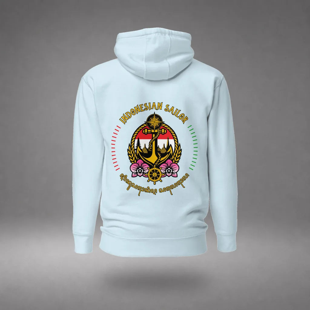 Indonesian Sailor Hoodie in Sky Blue, back view, floating over a gray studio floor.