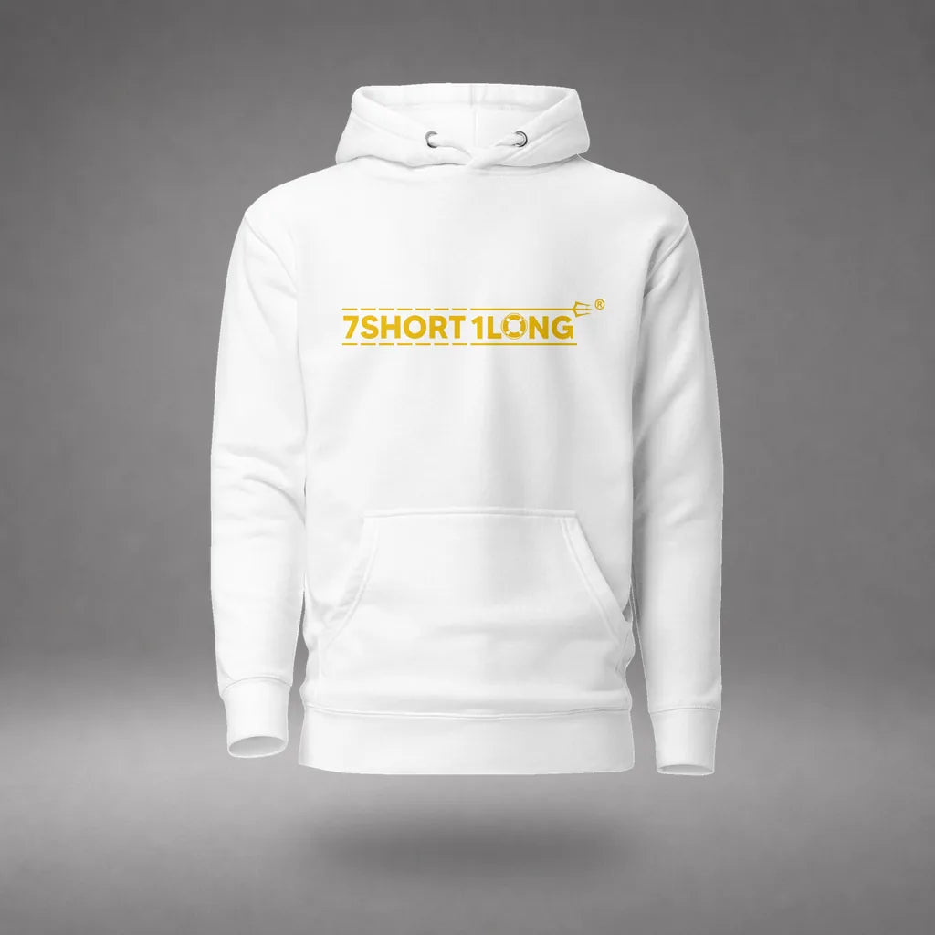 Indonesian Sailor Hoodie in White, front view, floating over a gray studio floor.