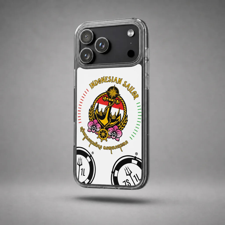 Clear Indonesian Sailor iPhone case with anchor artwork and Indonesian colors, floating above a grey studio floor with a soft shadow.