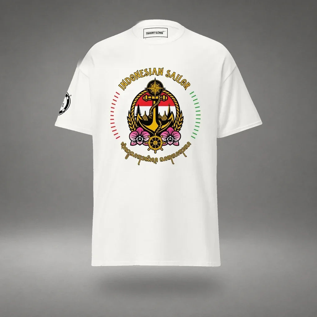 Indonesian Sailor T-Shirt in White, front view, floating over a gray studio floor.