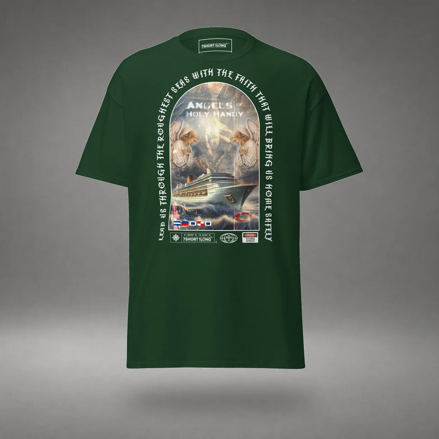 Jesus Calms the Storm Cruise Ship T-Shirt in Forest Green, front view, floating over a gray studio floor.