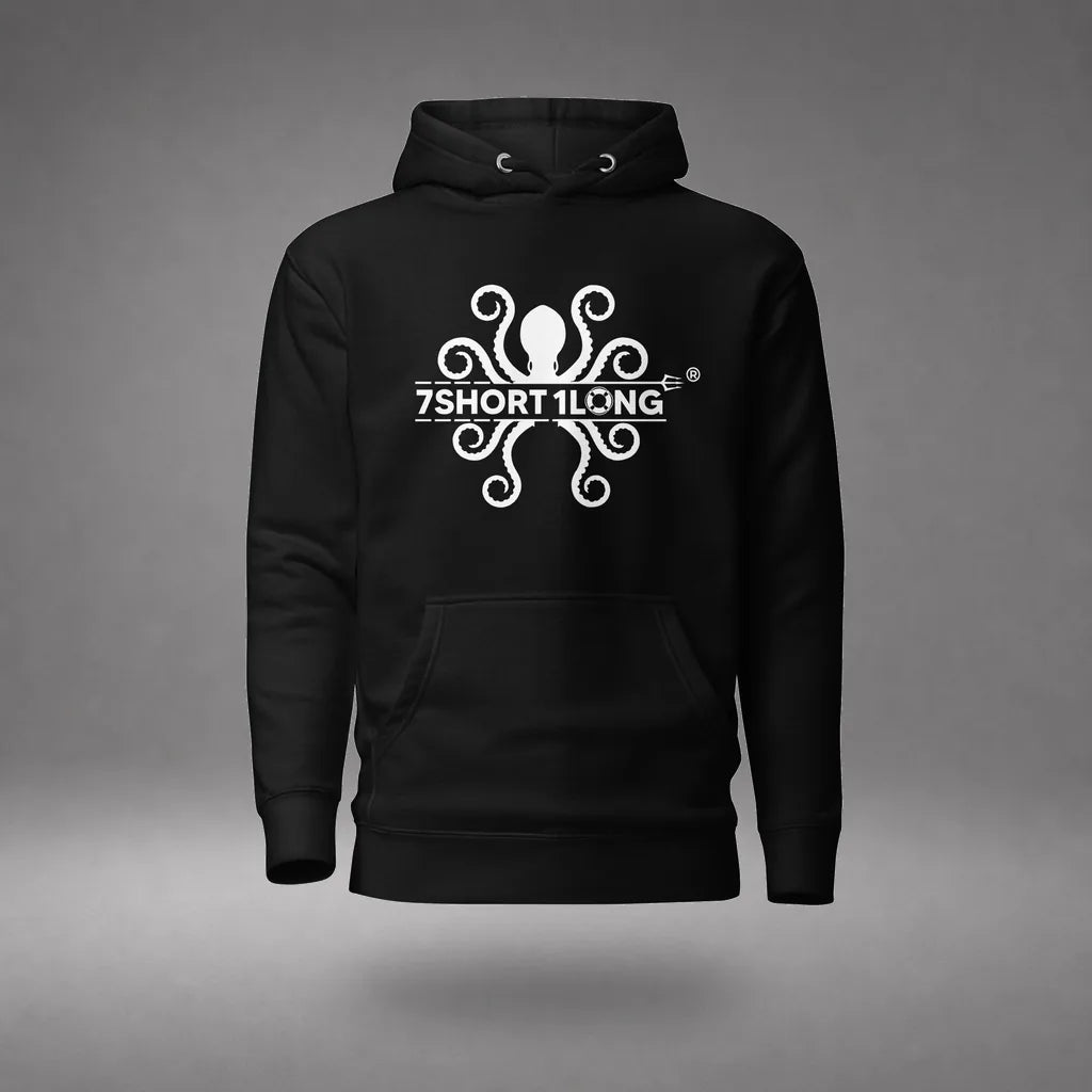 Kraken Maritime Seafarer Hoodie in Black, lifestyle view, floating over a gray studio floor.