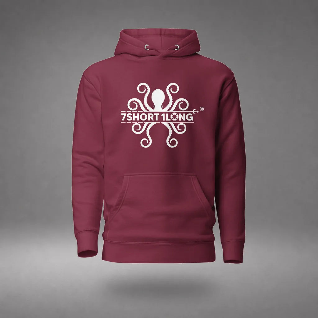 Kraken Maritime Seafarer Hoodie in Maroon, featured product view, floating over a gray studio floor.