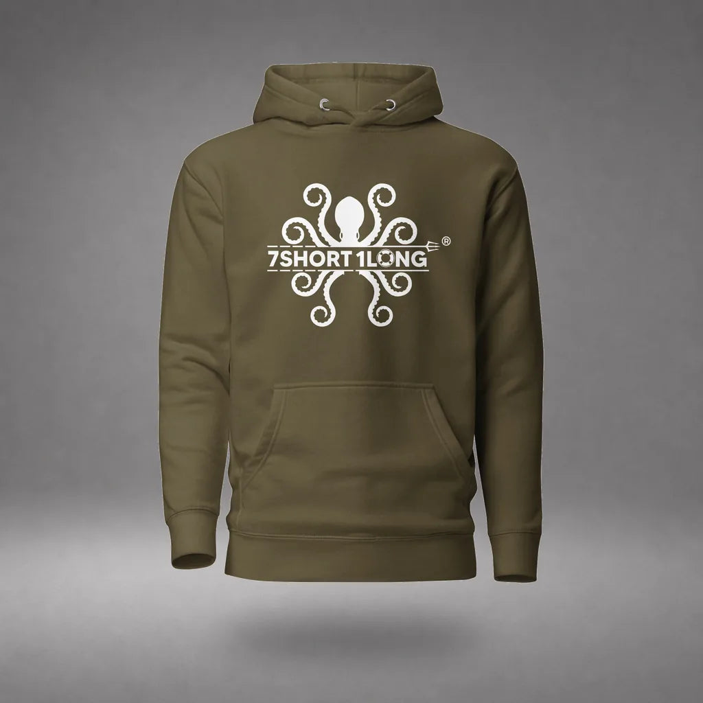 Kraken Maritime Seafarer Hoodie in Military Green, design detail view, floating over a gray studio floor.