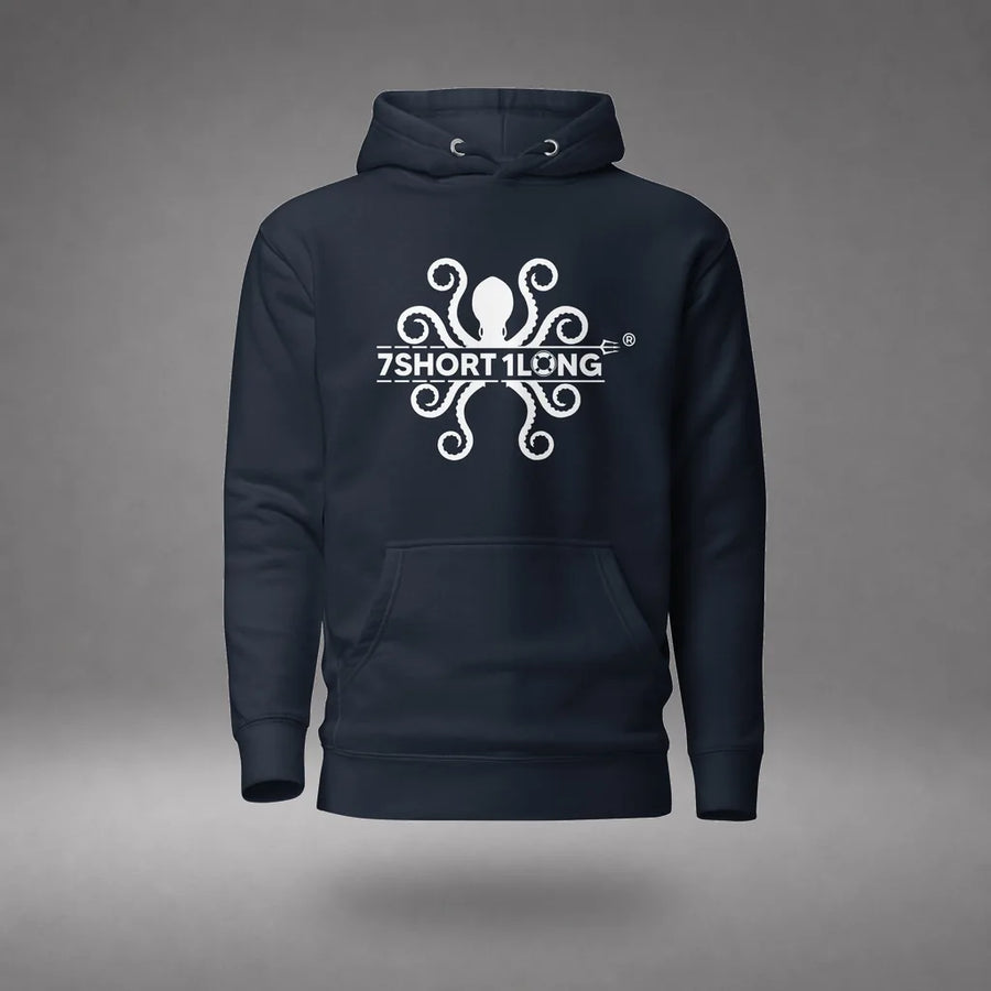 Kraken Maritime Seafarer Hoodie in Navy Blazer, featured product view, floating over a gray studio floor.