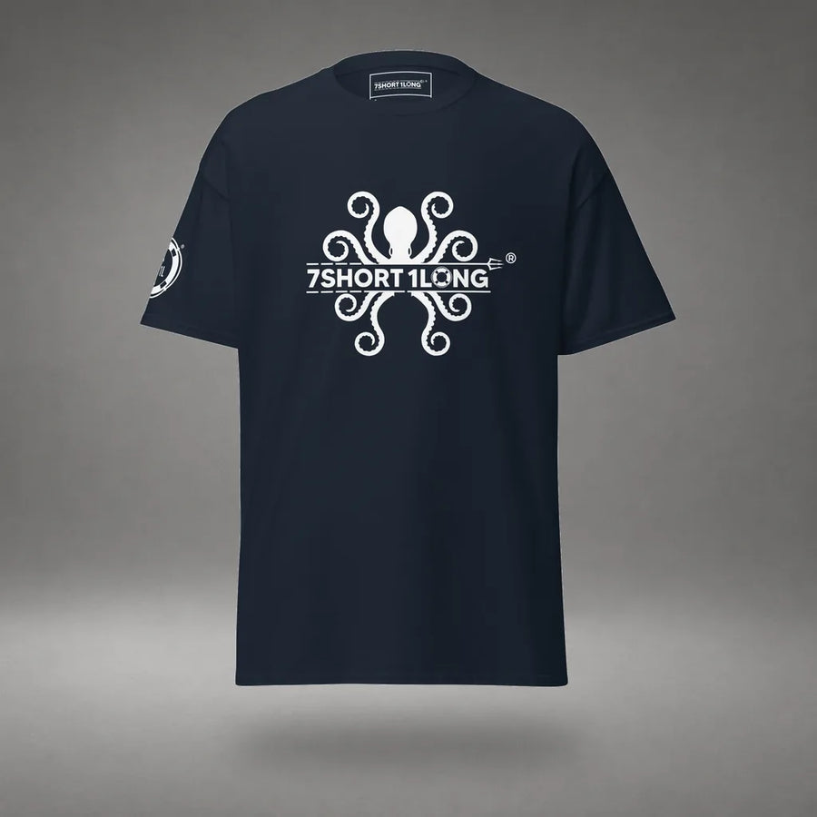 Kraken Seafarer Nautical T-Shirt Sea Creature in Navy, front view, floating over a gray studio floor.