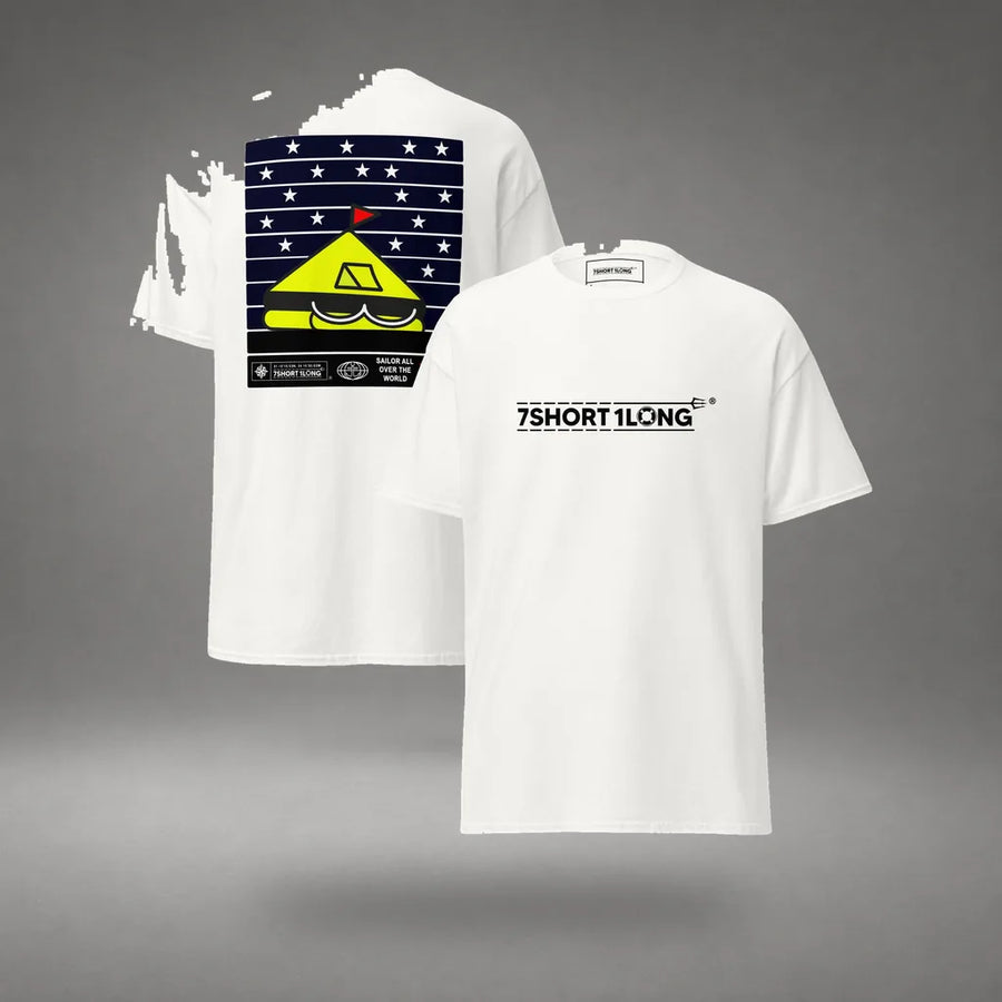 Life Raft Nautical T-Shirt Maritime Crew Survival Design in White, featured product view, floating over a gray studio floor.